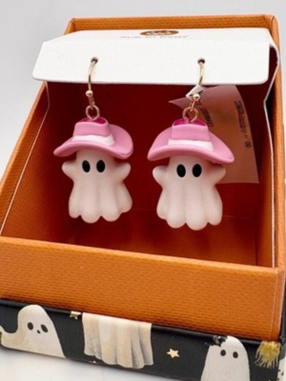 TJ Maxx True to Form Halloween Ghost PINK Cowboy Hat Earrings Holiday Jewelry
